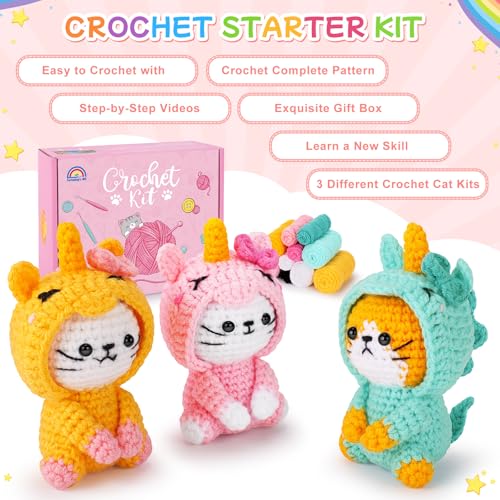 Image of Crochet Kit for Beginners - 3 PCS Unicorn Cat Crochet Kits with Step-by-Step Video Tutorials, Beginner Crochet Kit for Adults, Crochet Animal Kit for Starters, Cat Dressed as Unicorn Set