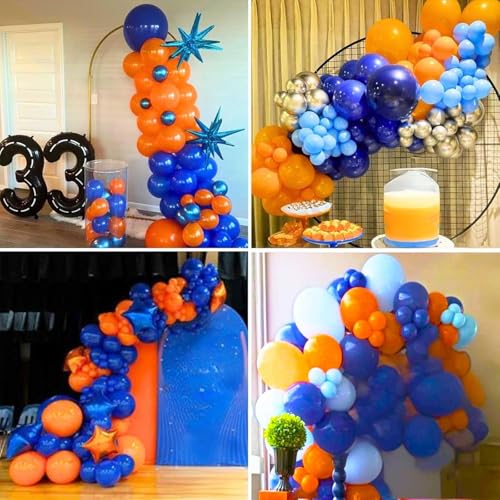Image of Orange Blue Balloons, 12 Inch Royal Blue and Matt Orange Metallic Gold Latex Balloons with Tangerine Star Printed Party Balloon for Kid Cartoon Theme Anime Birthday Outer Space Party Decoration