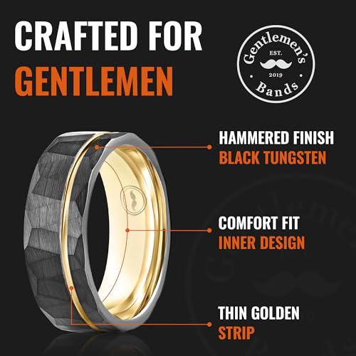 Gentlemen's Bands 8mm Black Hammered Tungsten Men’s Wedding Band With Thin Gold Strip and Gold Interior | Engagement, Promise Ring For Men | Includes Silicone Band, Walnut Box, Leather Pouch Set3