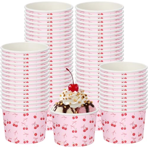 Image of Funnymoom 50 Pack Cherry Bow Ice Cream Cups 9 oz Pink Bow Cherry Disposable Dessert Bowls Coquette Paper Soup Bowls Snack Cups for Hot or Cold Food for Baby Shower Wedding Bachelorette Birthday Party