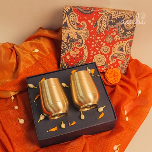 Image of Gift Set of 2 Lead Free 100% Pure Kansa Heavy Damru Glass - 330 ml Each | Festival Gift Box, Diwali Gifting, with a Beautiful Box | Gift Hamper
