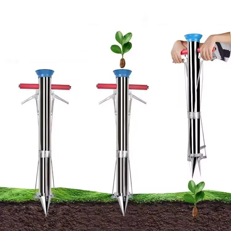 MONSTECH Seed Planter Transplanting Tool Machine for Farmer, Stainless Steel Bulb Planter Tool?Vegetable Transplanter Planter Plant Garden Greenhouse with Pedal(Double Handle)