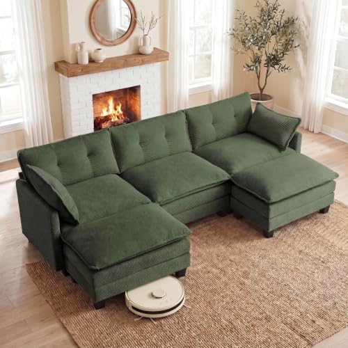 Image of Amsleekey 111.5 inch U Shaped Modular Sectional Sofa, Green Corduroy