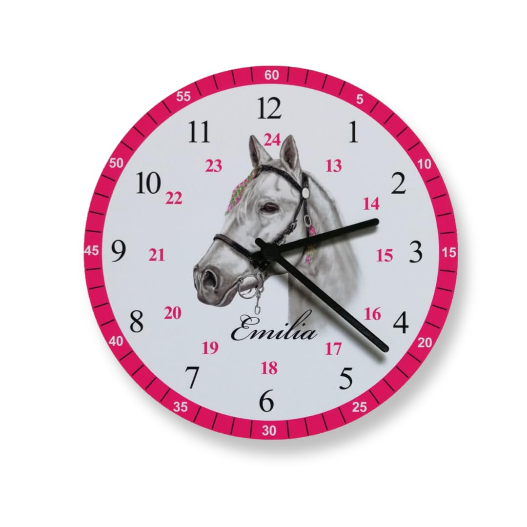 Kinderwanduhr Pferd Lernuhr Wanduhr mit Namen Kinder Deko Pink Kinderzimmer Uhr