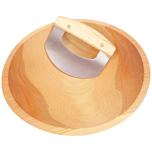 Hard Wood Chopping Bowl Set - 12 Inch Beechwood Bowl & Mezzaluna (Ulu) Knife - Holland Bowl Mill