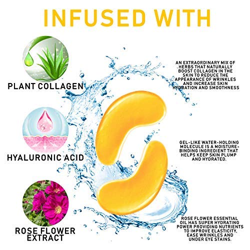 24K Gold Under Eye Mask for Dark Circles & Puffy Eyes. Hyaluronic Acid, Plant Collagen, Soy Protein, Grapefruit Extract For Anti-Aging, Eye Bags, Puffiness, Anti Wrinkle.Under Eye Patches. 10 Pairs