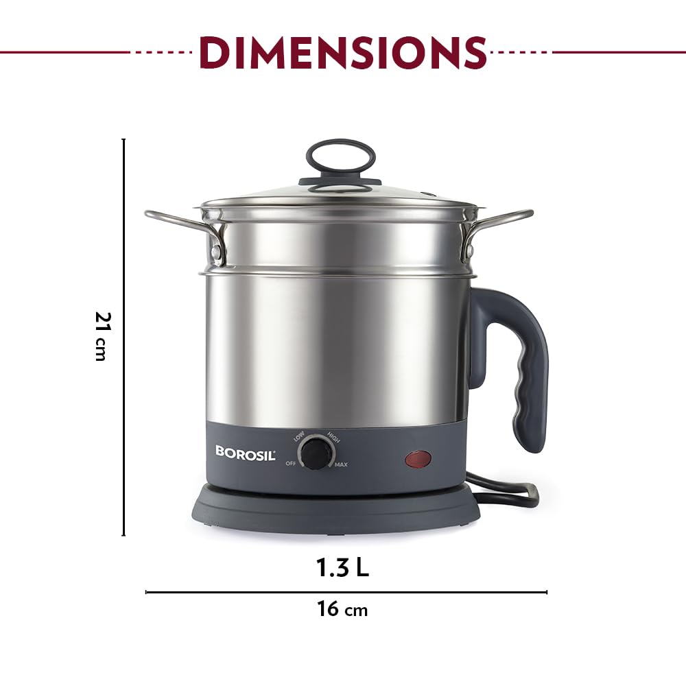 Borosil 1.3L Quick Made in India Electric Steel Kettle with Steamer | Temperature Control Knob, Overheat Protection | For Boiling & Steaming Vegetables, Momo, Egg, Tea, Coffee | 1 Year Warranty 1