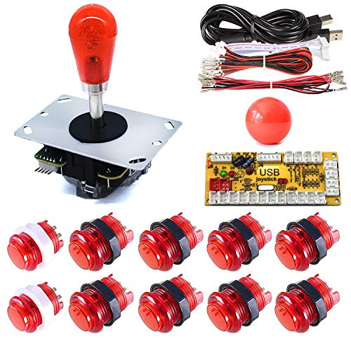Arcity 1 Player Arcade LED Buttons and Joystick Kits Illuminated DIY Controller USB Encoder to PC Games 8 Ways Joystick Bat Top + 10 LED Push Buttons + Balltop for Windows Jamma MAME Raspberry Pi Red