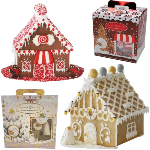 Christmas Gingerbread House Kit Bundle- Set of 2 Complete Designer Christmas Cookie Kits with Clear Inner Form for Easy Assembly, Pre-Baked Cookies, Icing, Glittery Sugar, Edible Decorations; Nut-Free