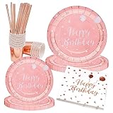 Cisolen 80 Stück Partygeschirr Kindergeburtstag Rotgold Pappteller Set Einweggeschirr Papier Geschirr Pappbecher Serviette Strohhalme für Mädchen Rosa Party Tafeldeko Pappteller Geburtstagsdeko
