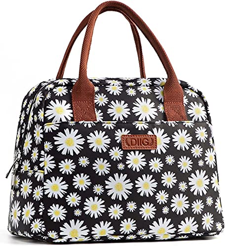 DIIG Lunch Bag for Women, Large Reusable Insulated Lunch Box for Work, Adult Foldable Tote for Office, Freezable Bag with Pocket, Gray   Floral   Flower   Flamingo Printing (112 Daisy)