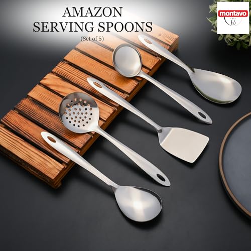 Image of Montavo by FnS 5 Pieces Premium Stainless Steel Serving Tools Set, Rice Server, Gravy Ladle, Veg Serving Spoon, Skimmer & Solid Turner, Food Grade Kitchen Utensils for Home & Dining
