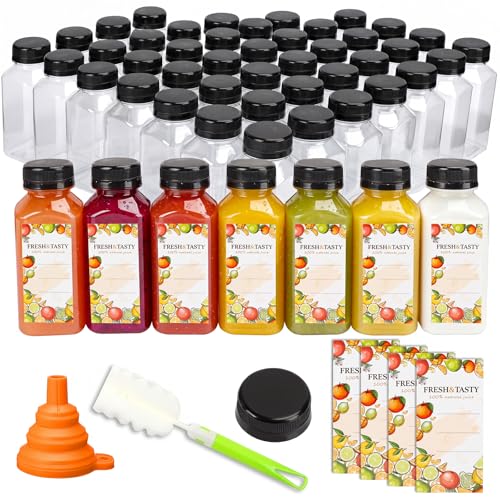 TOMNK 100 PACK 8 OZ Plastic Juice Bottles with Caps, Sticker Labels, Brush