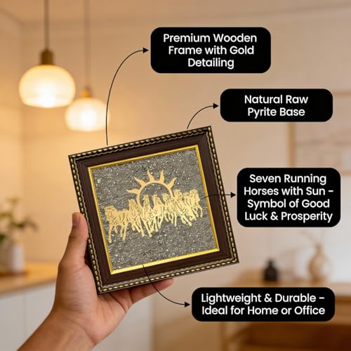 Image of ZENVIBES Original Pyrite Stone Frame with Vastu 7 Seven Running Horses & Sun | Wooden Photo Frame Wall Decor for Money, Wealth, Success & Protection | Certificate of Authenticity | 7x7 Inch Wall & Desk Decor