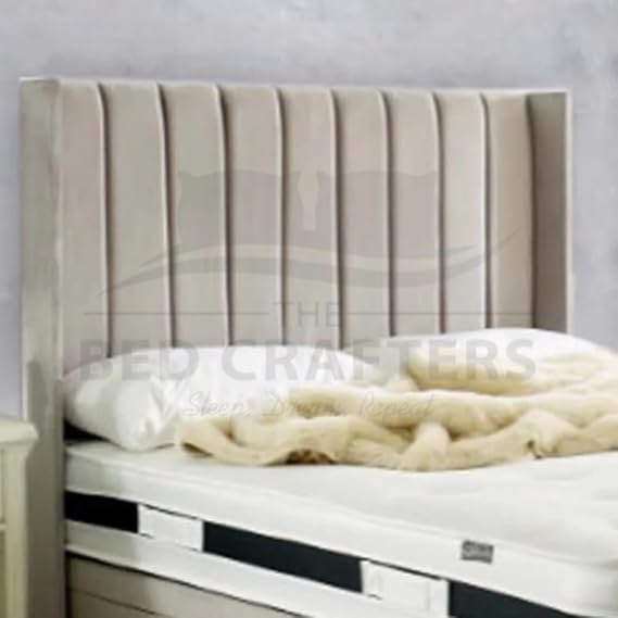Luxury 48 Wingback Divan Bed Set – Double Bed Plush Velvet Panel Headboard with Memory Foam Mattress, Storage Base – Single/4ft6/King Size (Cream (with Mattress), Fabric Swatch)