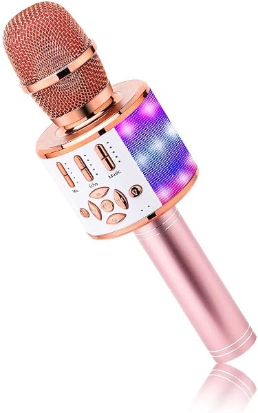 BONAOK Microphone Bluetooth sans Fil, Micro Enfants avec Lumières LED, Mini Machine Karaoké pour Fête/Maison/Anniversaire, Compatible avec Bluetooth iOS Android (Rose) - 1