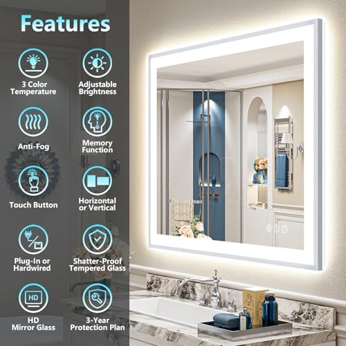 Image of 40x32 Brushed Nickel LED Bathroom Mirror with Lights, Backlit & Front-Lit, Anti-Fog, Framed Lighted Vanity Mirrors for Bathroom Wall, Dimmable, 3 Colors, Memory, Shatter-Proof, Tempered Glass