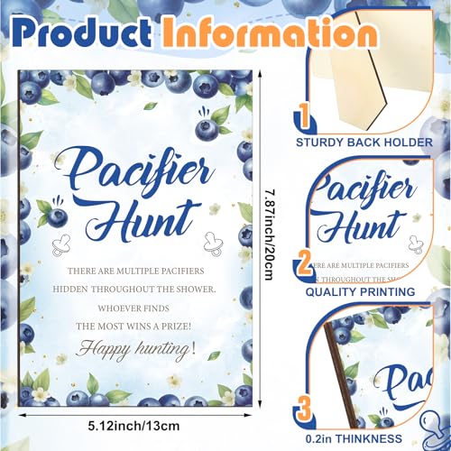 Image of Thyle 51 Pcs Blueberry Pacifier Hunt Baby Shower Games a Berry Sweet Baby is on the Way Decoration Include Blueberry Themed Hunt Sign and Acrylic Pacifiers Gift Sets for Gender Reveal Party Decor