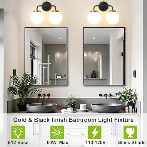 Image of Bathroom Light Fixtures 14in 2-Light Black Gold Vanity Lights for Mirror | Bathroom Lighting Fixtures over Mirror, ETL, Brushed Brass Wall Sconce, Dimmable E12 Base Max 60W, Milky Glass Ball Shades