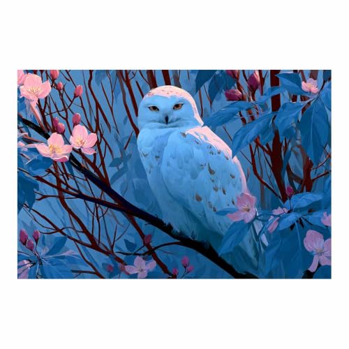 Toile chouette décoration murale salon : affiche bleue multicolore de grand format 70x100cm