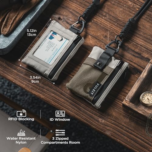 Image of VULKIT Small Minimalist Wallet for Women and Men RFID Blocking, Zipper Coin Pouch with ID Window and Keychain, Water Resistant Travel Lanyard Wallet Olive Green