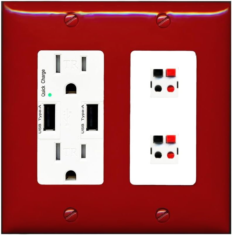 RiteAV 2 Port Speaker Wire Plug Jack Wall Plate - USB Outlet [Red/White]
