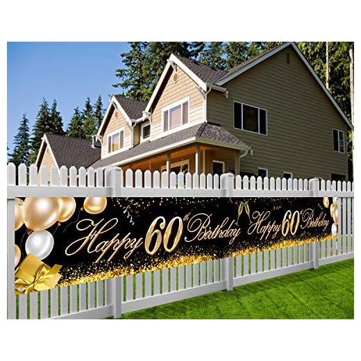 HOWAF Súper Grande Feliz 60 Cumpleaños Pancarta para 60 Años Cumpleaños Decoración Negro y Oro, 60 Cumpleaños Foto Prop Fondo Pancarta de Tela para Jardín Mesa Pared Decoración, 9 * 1.2 Pies