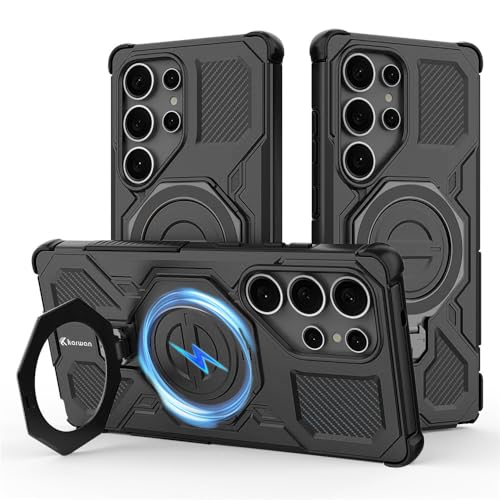 Image of KARWAN Tough Shockproof Armor Back Case Cover Compatible with Samsung Galaxy S25 Ultra with 360 Degree Rotation Magnetic Attraction Ring Holder, Heavy Duty Cover with MagEaze Wireless Charging (Black)
