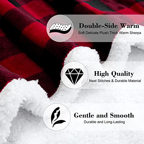JOTOM Super Soft Fleece Throw Blanket Warm Thick Cozy Christmas Blanket Winter Fluffy Buffalo Plaid Couch Throw Blanket Holiday Plush Blanket for Sofa Single Bed Travel 127x152cm (Red Black Plaid) - Image 2