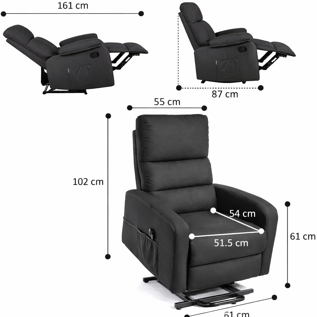 DUPI Sillón Relax eléctrico Confort | Reclinable y eleva-Personas | Mando a Distancia | Tela Poliéster Microfibra | Negro