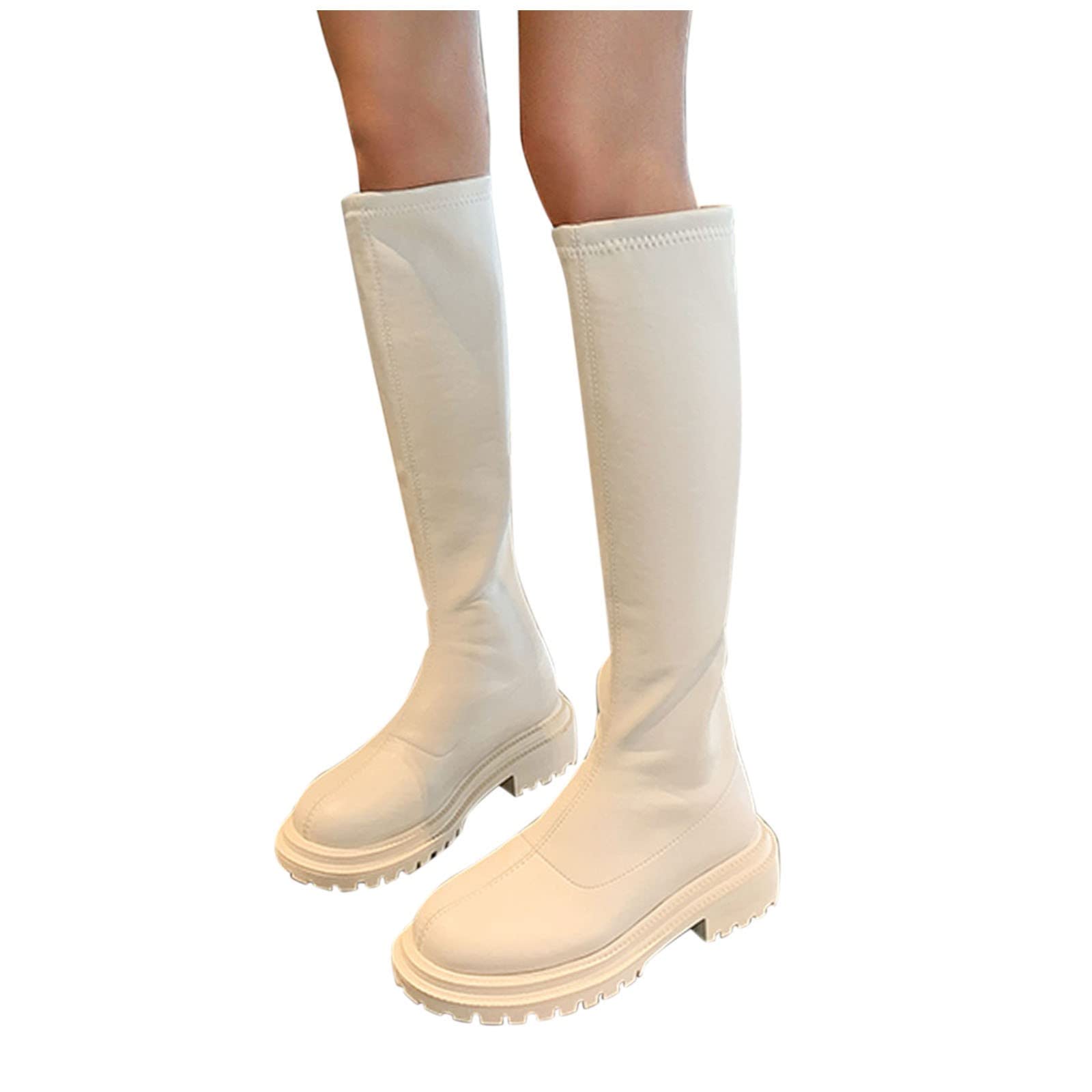 Mujer Botas Altas Rodilla Ancha Pantorrilla,Botas De Cuero Con Tacón Para Mujer,Botas De Tacón De Bloque Antideslizantes Sólidos Botas De Tacón Redondo Largas Botas De Mujer