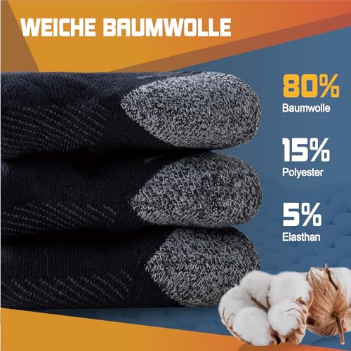 Niorasen Wandersocken Herren, 3 Paar Atmungsaktiv Gepolsterte Sportsocken Baumwolle, Anti Blase Funktionssocken Arbeitssocken, Dicke Outdoor Socken für Trekking, Tennis, Laufen, Schwarz 43-46