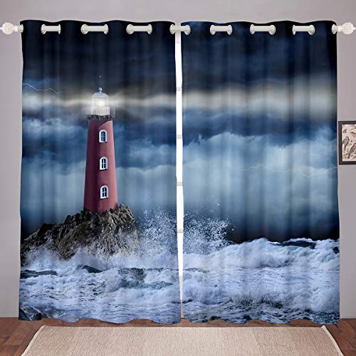 Ocean Curtains Nautical Theme Surfing Window Drapes Ocean Wave Blackout Curtains Blue Sea Coastal Nature Theme Window Curtain Panels Adult Women Lighthouse Darkening Thermal Drapes 2 Panels 38"X54" #TOP30