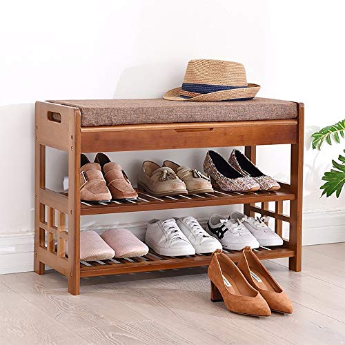 JHLP Banco de zapatos de bambú con asiento acolchado, organizador de zapatos de 2 niveles para entrada, pasillo, sala de estar o baño, bancos de almacenamiento multifunción