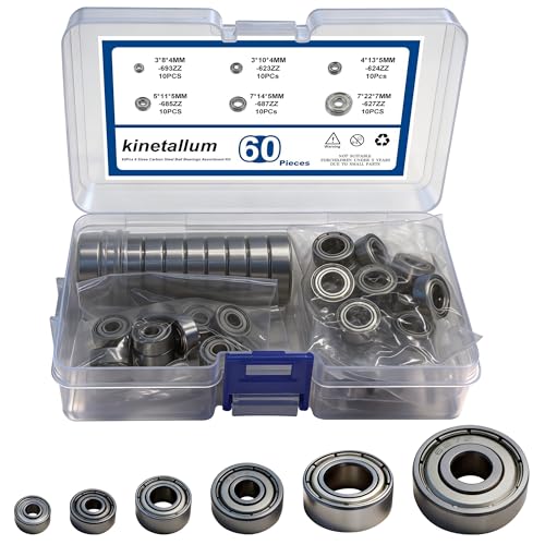 Kinetallum 60PCS 6 Sizes Deep Groove Ball Bearings Assortment 693ZZ 623ZZ 624ZZ 685ZZ 687ZZ 627ZZ Steel Ball Bearing Miniature Bearings Double Shielded Bearings Pre-Lubricated for 3D Printers