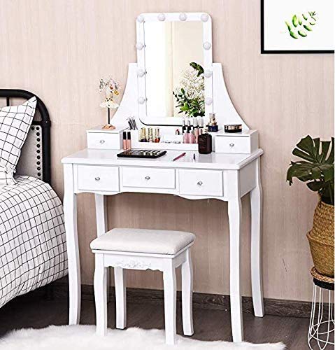 Iglobalbuy Tocador Blanco Vanity Makeup con Luces LED Juego de Mesa Vanity para niñas (Espejo Cuadrado + 5 cajones + Taburete)