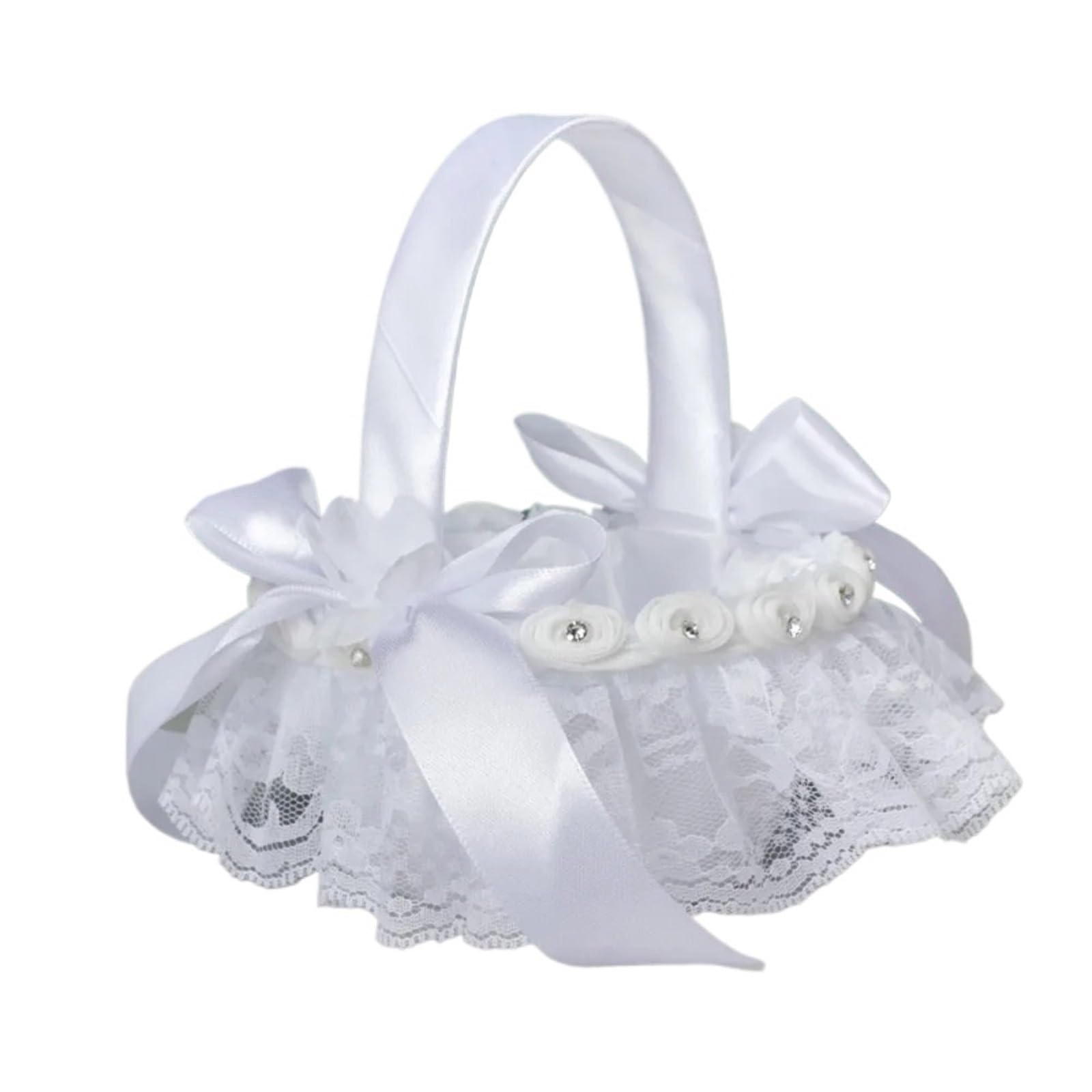 Flower Girl Bow Basket Satin Lace Beaded Feather