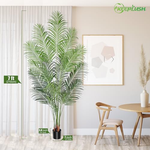 Image of Artificial Palm Tree 7ft Tall Fake Palm Tree Indoor Decor with 18 Leaves and Real Bark Design Faux Tropical Areca Palm Silk Floor Plant in Pot for Home Office Living Room Bedroom Decor 1pcs