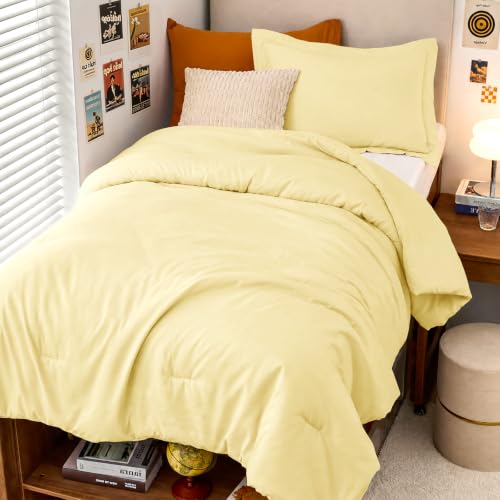Image of MUXHOMO Twin /Twin XL Comforter Set, All Season Ultra Soft Down Alternative Bedding - 3 Piece Lightweight Bed Set Includes 1 Comforter (68 inchx88 inch) and 1 Pillow Shams (20 inchx26 inch), Cream Yellow