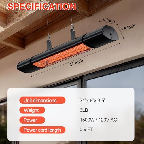 Electric Hanging Patio Heater with remote control, built in Temperature Control, Wall mounted or ceiling mounted, Suit for Outdoor, 1500W, Black by Colliford - Used condition - Image 6