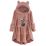 Mosstars Kapuzenjacke Damen Plüschfutter Fleecejacke Flauschiger Festlich Wintermantel Warme Teddymantel Gefütterte Winter Bequem Frauen Mantel Geknöpft Winddichte Print Wollmantel Übergröße Langarm