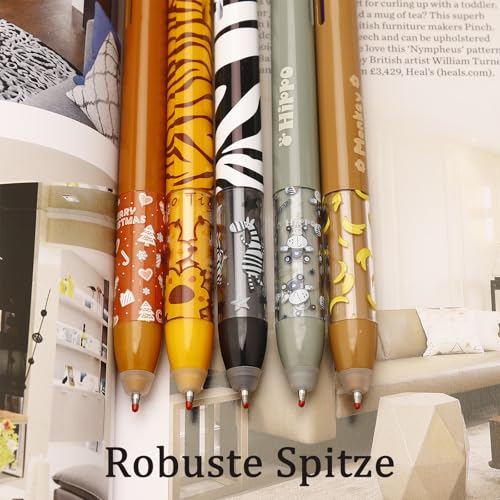 Nurila 5 Radierbarer Kugelschreiber Set, Tiere Radierbarer Tintenroller 0.5mmzweifarbig Rot Und Blau Mit Radiergummi, Ideal Für Büro Und Schule, Motiven Reh, Zebra, Tiger, Affe, Nilpferd