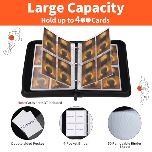 Image of 4 Pocket Basketball Card Binder with Full Zipper, Holds 400 Cards | 50 Removable Acid-Free & PVC-Free Card Pages, Durable PU Leather Cover for Long-Term Card Storage and Protection
