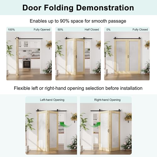 Image of 48 inchx80 inch 1-Lite Frosted Glass Bifold Barn Door with 64 inch Track Kit, Pine Slab