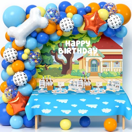 Mishopy 118 Dog Blue Party Decorations Birthday Supplies Paw Balloons Garland Arch Kit Backdrop Tablecloth Bone Balloon for Boys Girls Kids Theme Birthday Decor