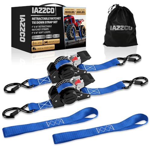 Image of 10FT Retractable Ratchet Straps(2-Pack) - 1 Inch (1800 LB Break Strength) Heavy Duty Self Retracting Ratchet Straps with Soft Loops & Storage Bag for Household, Motorcycle, Truck, ATV(Blue)