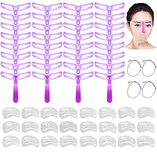 64 Pieces Eyebrow Stencils,Reusable Handled Eyebrow Shape DIY Brow Grooming Shaping Templates Kits with Purple Handle, Strap and 24 Types Drawing Guide Card Makeup Tools by ACKLLR,Washable