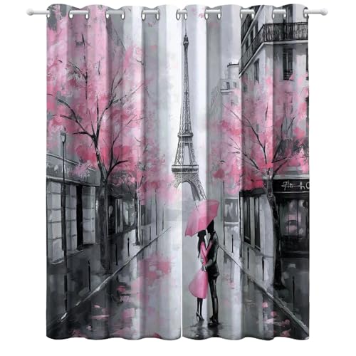Cortinas Salon Gris Rosa Cortina Estampado 3D con Ojales Cerezos en parís y Torre Eiffel Visillos para Dormitorio Cocina Ventanas Comedor Habitacion 117An x 138Al cm (2 Paneles)