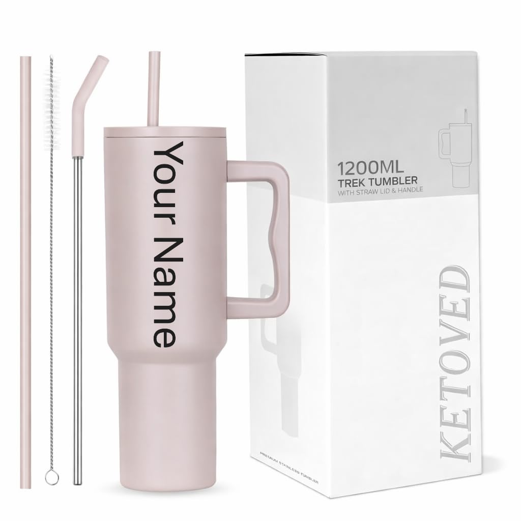 KETOVED Personalised with Your Name, 1200ml Tumbler with Straw-Handle–Stainless Steel Double Wall Insulated Cup | Leakproo...