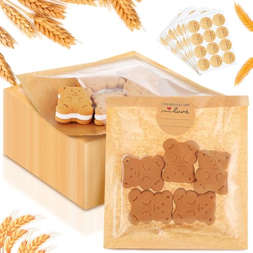 Outus 50 Pcs Cookie Packaging Bags with Seal, 5.7 x 6.5 Inch, Brown